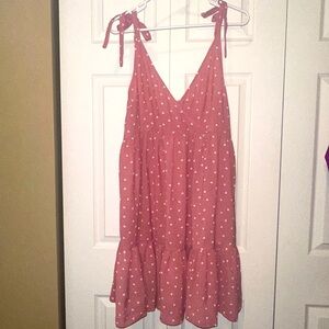 Dusty pink tie shoulder v neck ruffle dress with hearts, size L, never worn